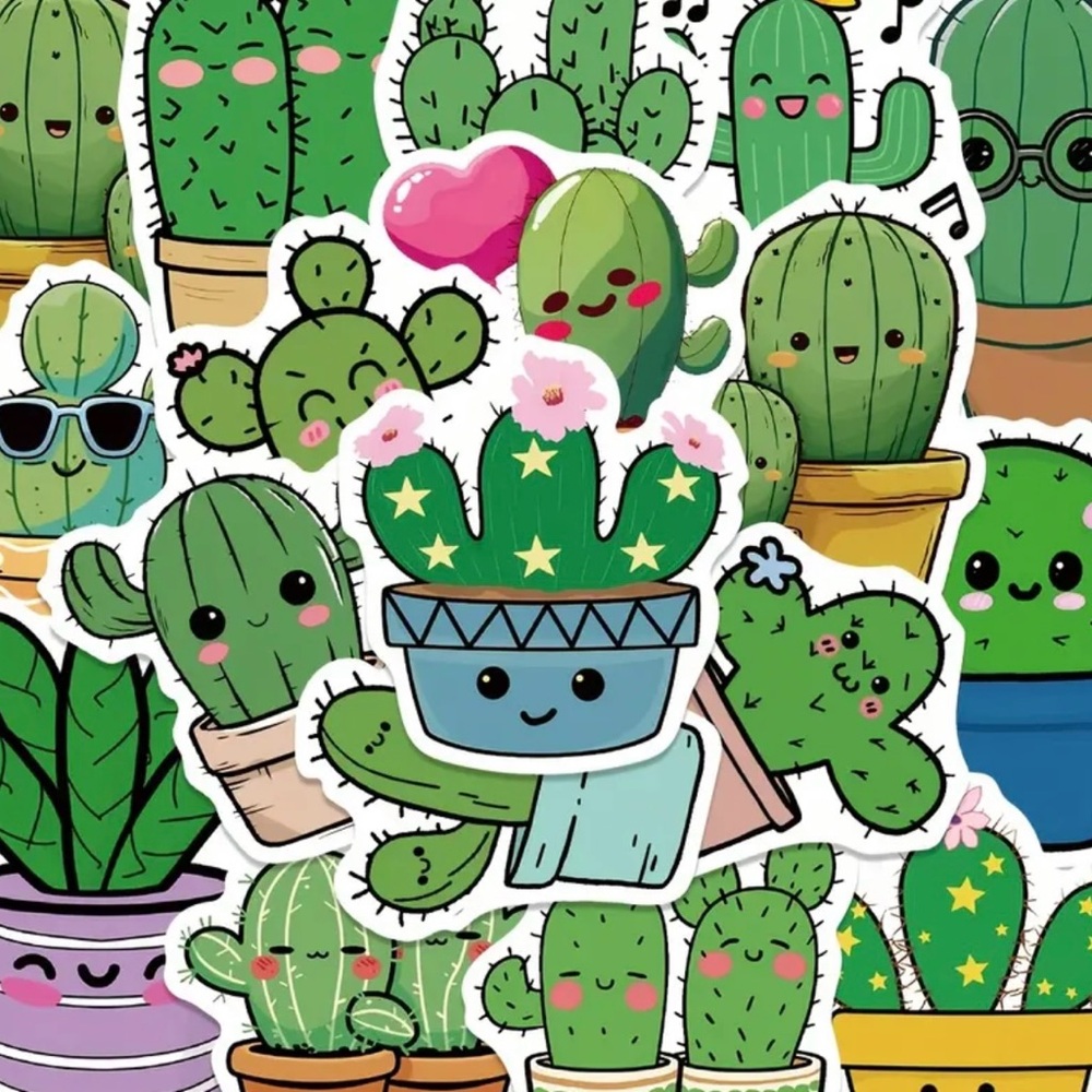 50 Cute Cactus Stickers Iridescent Sparkle Green Plants - Picture 6 of 9